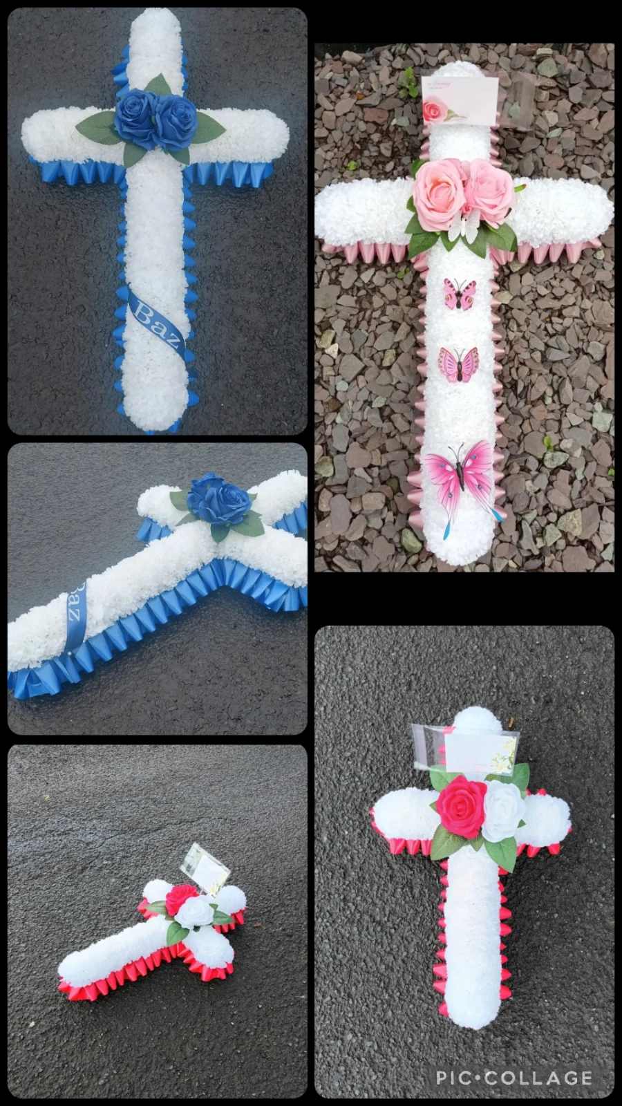 A 17-inch artificial silk carnation cross with personalised satin ribbon trim